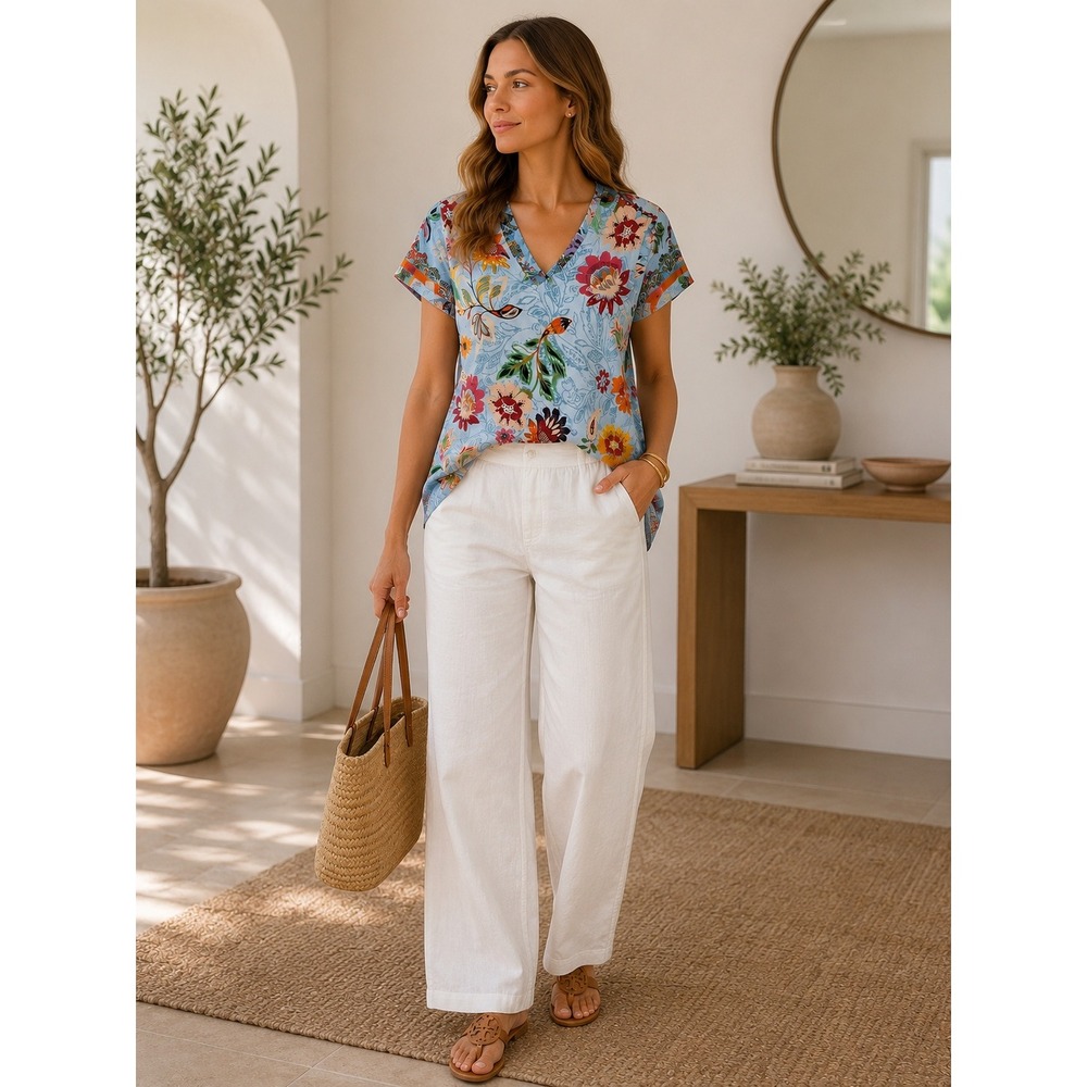 Johnny Was Los Angeles Womens Floral Bamboo Viscose V-Neck Tunic Top Blue Large
